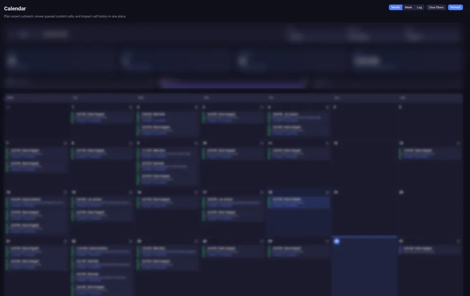 A content calendar that plans expert outreach and queued content calls, blurred for privacy